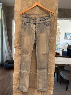 Silver Diva Jeans Women's 7 Light Wash Bootcut Rhinestone Lace Up Y2K McBling